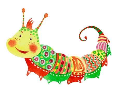 Cartoon cheerful caterpillar, watercolor illustrationの写真素材