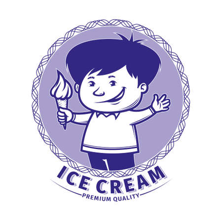 Happy boy holding ice cream cone. Vector Labelのイラスト素材