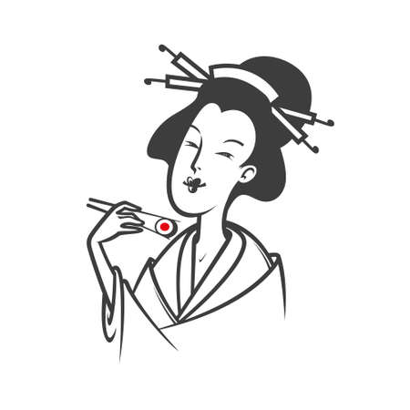 Beautiful Japanese woman eating sushi. Vector illustrationのイラスト素材