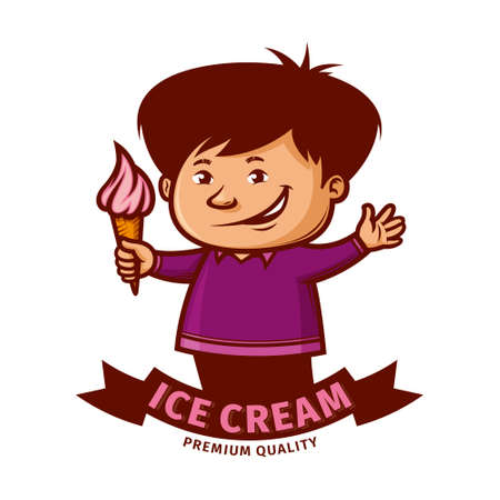 Happy boy holding ice cream cone. Vector Labelのイラスト素材