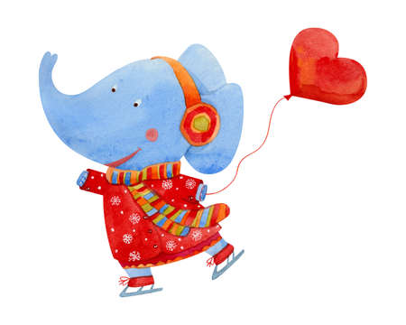 Elephant  ice skating and holding a balloon in the shape of heart, watercolor illustrationの写真素材