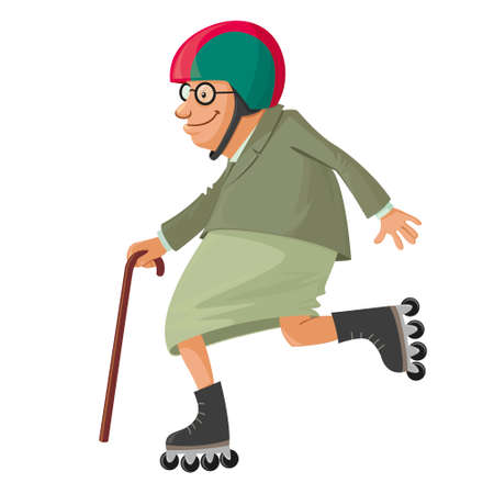 elderly woman on roller skates, vector cartoonのイラスト素材
