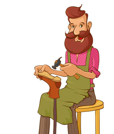 Illustration of a bearded smiling shoemaker mending a shoeのイラスト素材