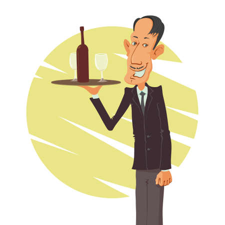 smiling waiter holding tray with wine bottle, cartoon illustrationのイラスト素材