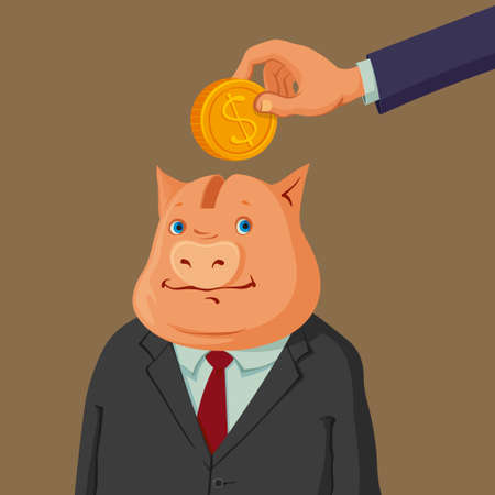 hand putting coin into a piggy bank dressed up in suitのイラスト素材