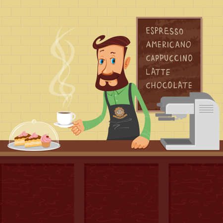Smiling waiter barista making coffee, illustrationのイラスト素材