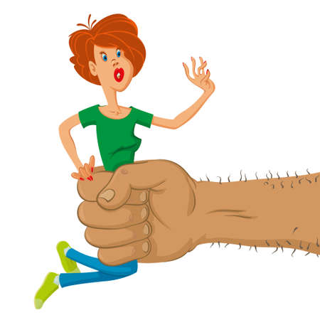 big hand holds scared woman, illustrationのイラスト素材