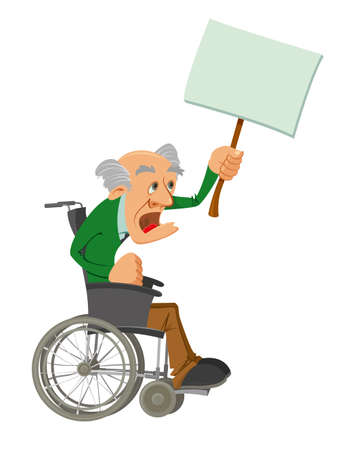 old man in a wheelchair is protesting and holding a wooden stick with a white board bannerのイラスト素材