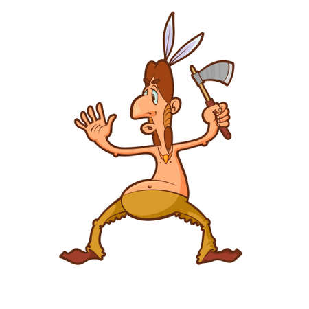 Cartoon native american warrior character attacking with a tomahawkのイラスト素材