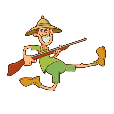 Funny running hunter holding rifle and wearing safari clothesのイラスト素材