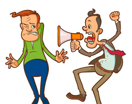 Cartoon angry boss with megaphone  yelling to his employeeのイラスト素材