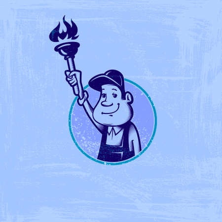 Vector image of a round frame with cartoon image of plumber with plunger in his handのイラスト素材