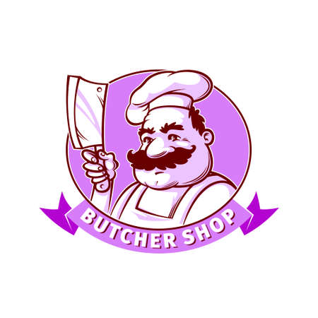 Butcher shop emblem. Smiling butcher with knifeのイラスト素材