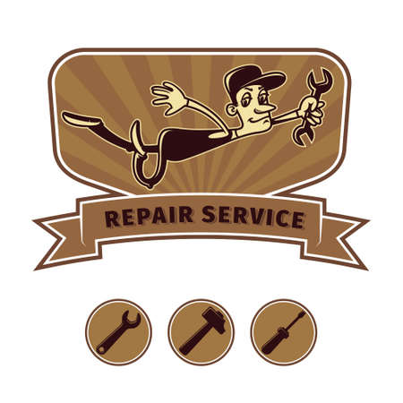 flying mechanic with a wrench, repair shop emblemのイラスト素材