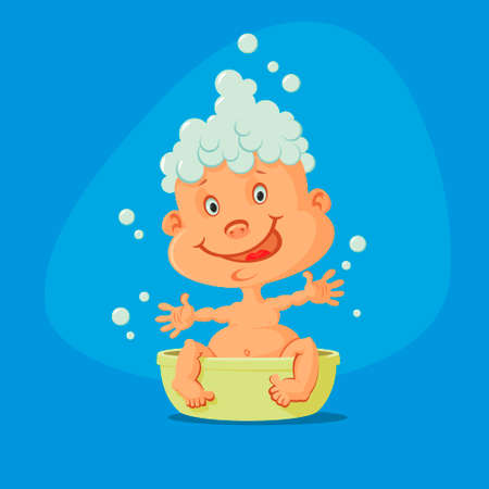 Little baby taking bath with soap bubblesのイラスト素材