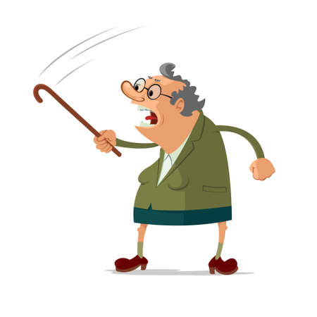 Angry old woman scolding someone, waving her caneのイラスト素材