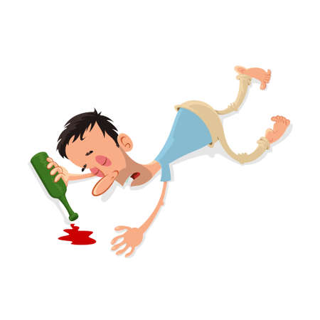 drunk man lying on the floor  with empty bottleのイラスト素材