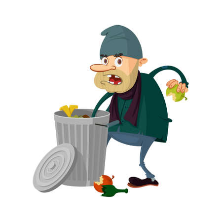 Homeless searching food in trashcan, vector illustrationのイラスト素材