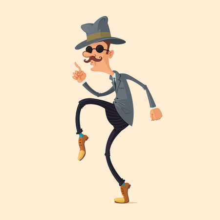Spy in fedora hat and sunglasses sneaking on tiptoeのイラスト素材