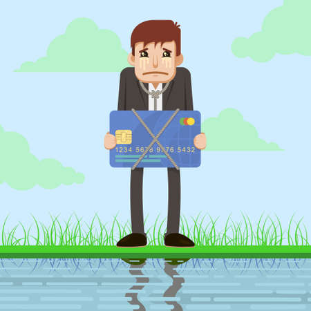 Depressed man with bank credit card  and a noose around his neck. Debt conceptのイラスト素材