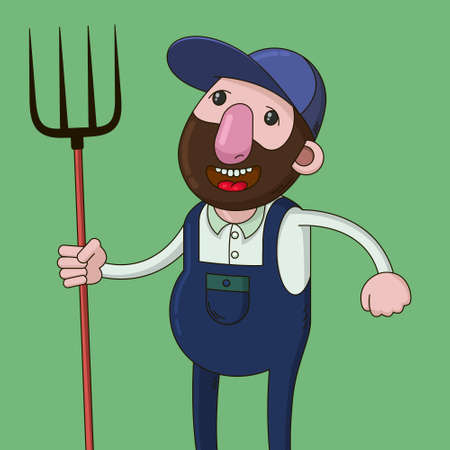 smiling farmer holding a pitchfork, cartoon illustrationのイラスト素材