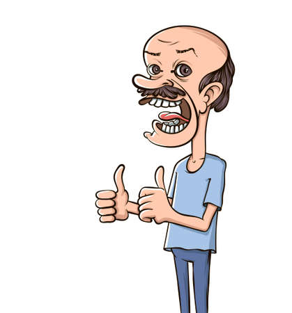 Balding happy man. Like finger sign. Cartoon thumb up. Vector illustration.のイラスト素材