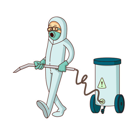 Protective Suit Technician Spraying Chemicalsのイラスト素材
