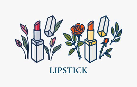 Illustration icon lipstick with calla lilies and roses. Beauty care sign, illustration of makeup. Flowers line colorful handdraw illustration with cosmetic.のイラスト素材
