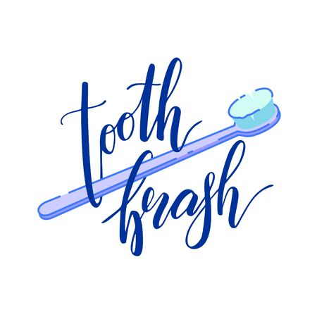 Toothbrash illustration with lettering. Dental icon. Toothbrushing item. Calligraphy inscription, handwriting word.のイラスト素材