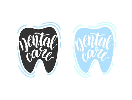 Dental care lettering. Calligraphy inscription. Handwriting word. Tooth shaped icon for design banners, flayers, posters etc.のイラスト素材