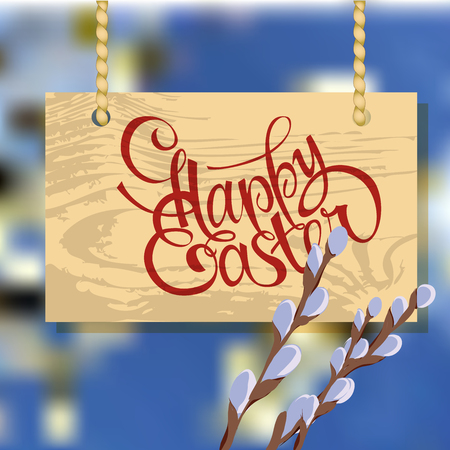 Wooden sign and greeting text Happy Easter . Vector illustration. Template for your design.のイラスト素材