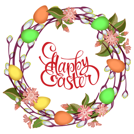 Happy Easter Lettering in Circle Flowersのイラスト素材