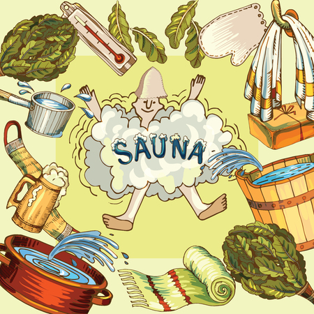 Vector background with cartoon hand drawn sauna objects: broom, towel, hat, wisp, beer, steam. Relaxation, health care or treatment concept for your designのイラスト素材