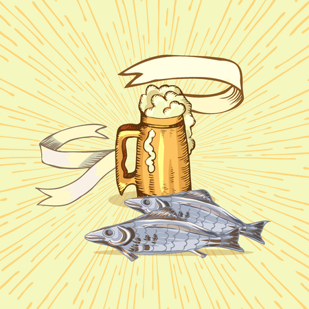 The concept of mens rest in the sauna, bath.Mug with foam beer and dry fish. Vector illustration in the style of sketching.のイラスト素材