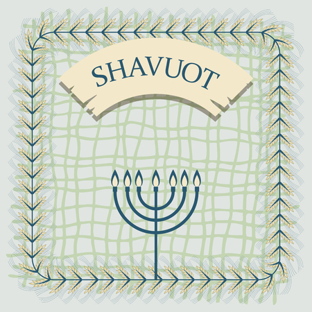 Template in a minimalist style to create labels, stickers. Uncluttered layout of the poster Shavuot. Vector illustration for Jewish holiday . Frame of wheat ears.Cereal label and place for text. Ears of wheat, candlestick, minor. Agricultural symbols, design Elements for packing bread or kosher food.のイラスト素材