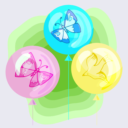 Colorful balloons flying on a gentle green background. Symbol of peace time, a happy childhood, spring, summer. Decorative element for decoration of children's holidays.のイラスト素材