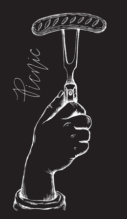 Chalk hand drawing. Element for a picnic-style Doodle on a black Board background. Hand holding a fork with a sausage.のイラスト素材