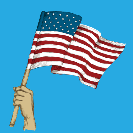 Hand drawing, sketch. USA flag in hand, the national colors of the USA on a neutral background.の写真素材