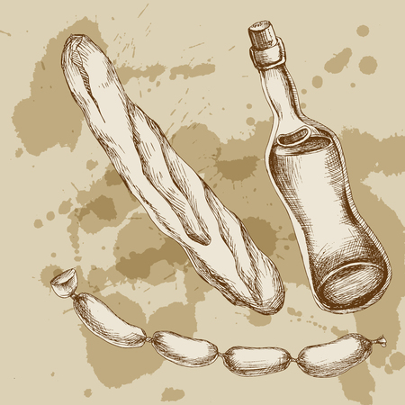 set of products for a picnic. A bottle of drink, sausages, baguette bread. Hand sketch. Element for a Doodle style picnic on an orange background.のイラスト素材