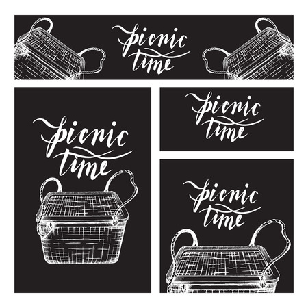 Chalk hand drawing. Set of business formats with images for a picnic in the style of Doodle on a black Board background. Wicker picnic basket and hand lettering.のイラスト素材