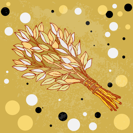 The picture for the Russian bath. Birch whisks for the sauna. Logo for the bath company. Place for your text. Hand drawing on a mustard background, around colored circles. Template printing design bath services.のイラスト素材