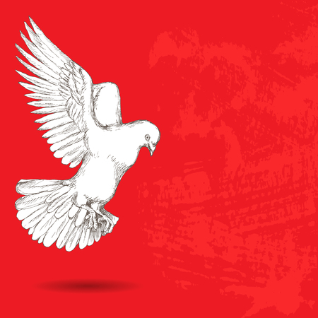 White dove flies. Bird on the background of blue doodles. Hand drawing in sketch style. Vector illustration.のイラスト素材