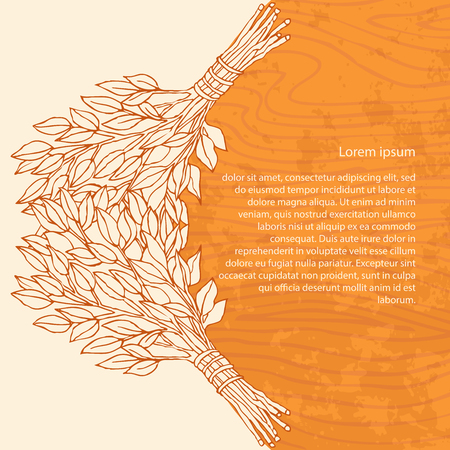 Birch broom for the bath on a wooden background. Design template banners, cards, cards for sauna, bath.  Place for text. Hand drawing in sketch style. Vector illustrationのイラスト素材