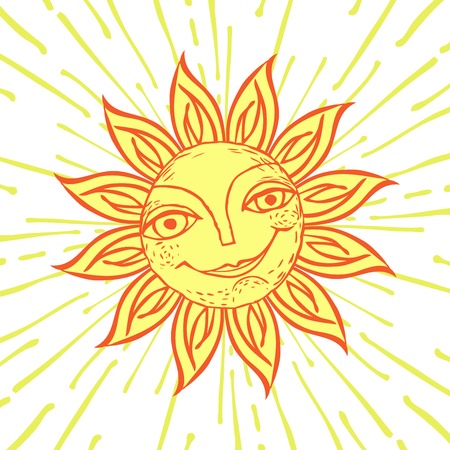Cheerful sun for the design of summer holidays, picnics, childrens parties. Great weather. Hand-drawn sketch style on the background of radial rays. Vector illustrationのイラスト素材
