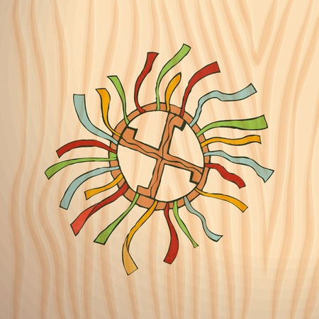 Wooden wheel with ribbons, a symbol of Russian culture for the design of Slavic holidays and festivals. Hand drawing in sketch style on wood background. Vector illustration.のイラスト素材