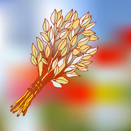 The picture for the Russian bath. Birch whisks for the sauna. Logo for the bath company. Place for your text. Hand drawing on a blurred color background. Template printing design bath services. Vector imageのイラスト素材