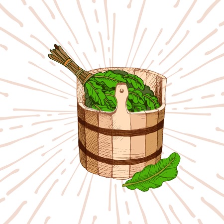Picture for the Russian bathtub. The birch brushes away for a sauna. An emblem for the company of a bathtub. Place for the text. The hand attracting a background of radial beams. The template printing bathing service of design.のイラスト素材