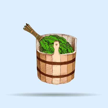Bathing goods. A wooden barrel and an oak broom for a sauna. A template for the bathing company. The place for your text. The manual drawing shading on a neutral background. A template for design of bathing services, advertizing of bathing goods. Vector image, Eps 10のイラスト素材