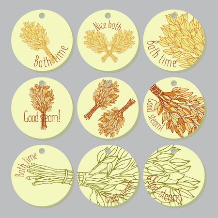 A set of round labels for marking of bathing goods. Advertizing of products for a sauna, bathing services. The place for your text. Window dressing in shop for a sauna. Vector illustrationのイラスト素材