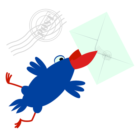 A crow with an envelope in its beak. Animated character in the style of cartoon. Isolated object on white background. Vector illustrationのイラスト素材
